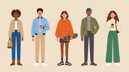 Fototapeta premium Diverse group of young adults in casual trendy outfits standing together against a neutral background representing modern lifestyle and community