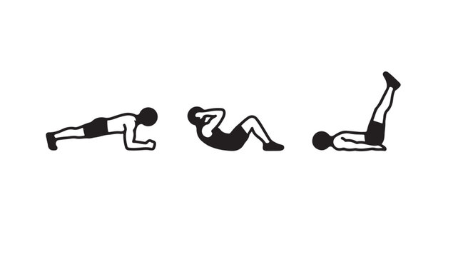 Man doing push-ups crunches and leg raises exercises on white background for fitness and workout concepts