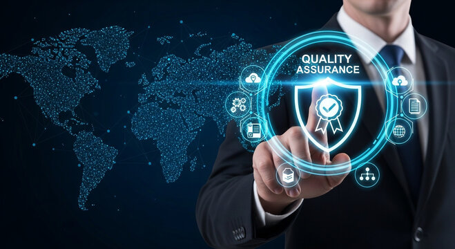 Businessman touches shield with quality assurance badge on world map background, service excellence.