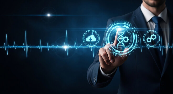 Businessman touching DNA and gears icon in digital interface.
