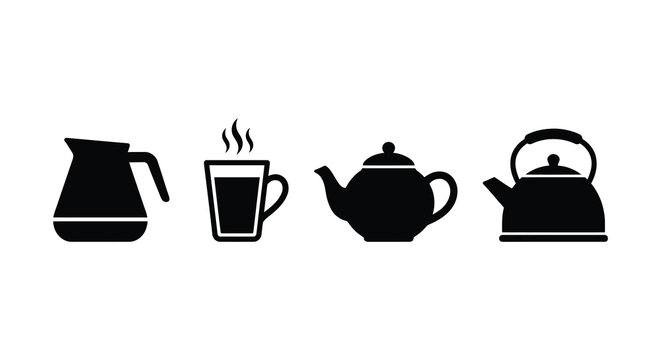 Black silhouette icons depicting a coffee pot mug teapot and kettle silhouette