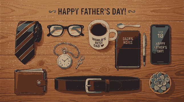 Flat lay vector illustration for father's day featuring men accessories and coffee on a rustic wooden table background design