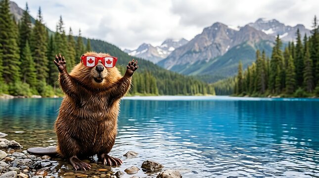 Cute beaver wearing red maple leaf sunglasses sitting by a scenic mountain lake with raised paws