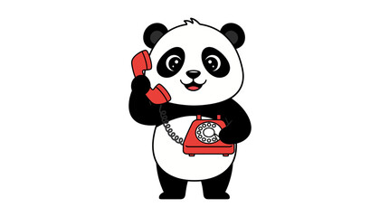 Cute panda cartoon talking on red telephone with an adorable cartoon panda © JubayedStock