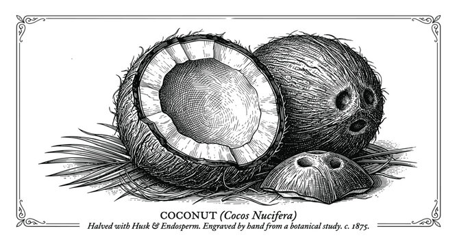 Halved coconut with husk and endosperm engraved from botanical study.