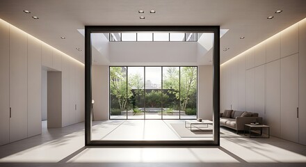 Fototapeta premium Modern minimalist interior with large windows.