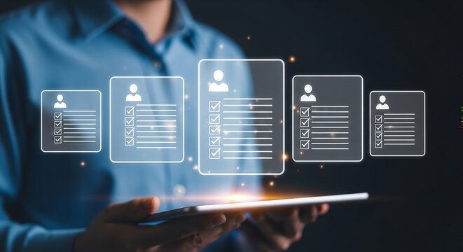 Digital Profile Showcase: A man holds a tablet displaying a row of digital profiles, symbolizing recruitment and applicant tracking.