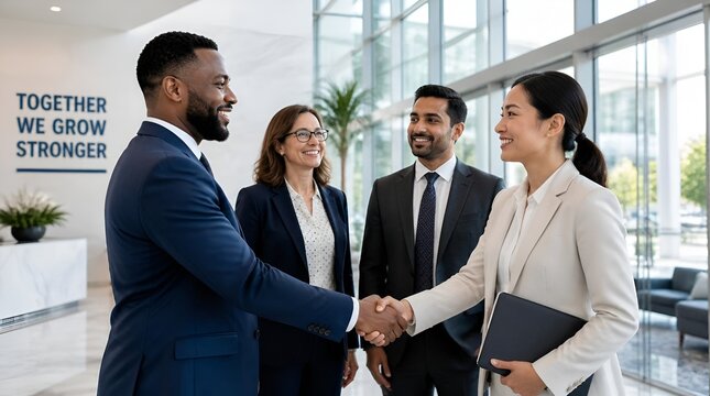 Diverse business professionals shaking hands in modern office lobby