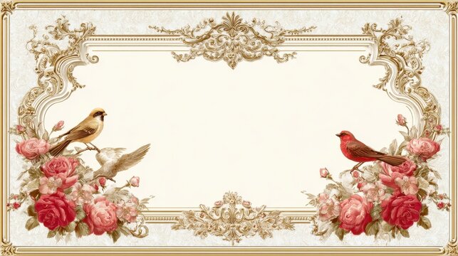 Elegant vintage ornamental invitation card template frame with golden baroque scrolls red and brown birds perched on classic romantic rose flower bouquets bouquets on an off white background