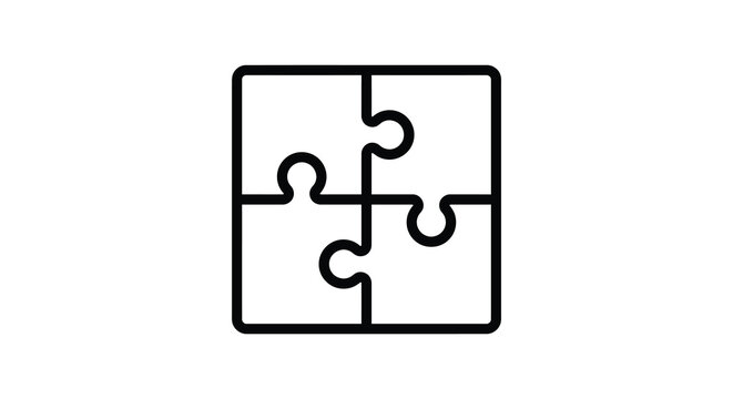 Four interlocking puzzle pieces form a square black line silhouette jigsaw