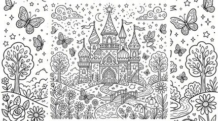 Obraz premium Fairy tale castle coloring page with butterflies flowers and a winding path in a magical garden setting under a starry night sky with clouds