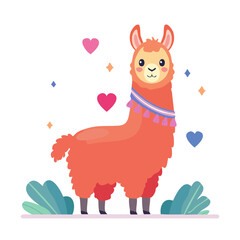 Naklejka premium Cute orange llama with hearts and plants, flat design
