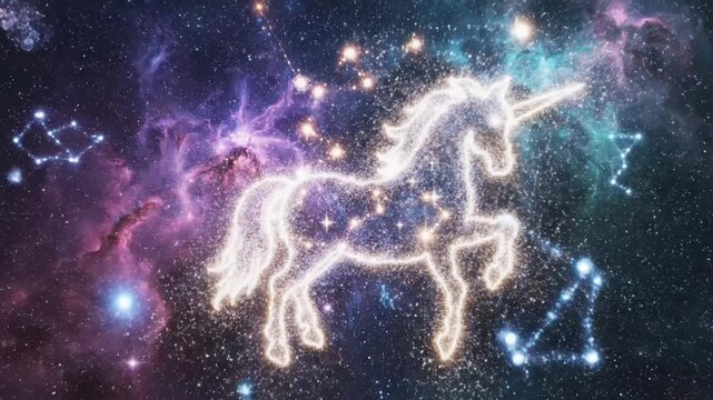 A luminous unicorn constellation glows brightly against a vibrant, star-filled nebula in the vast expanse of outer space.