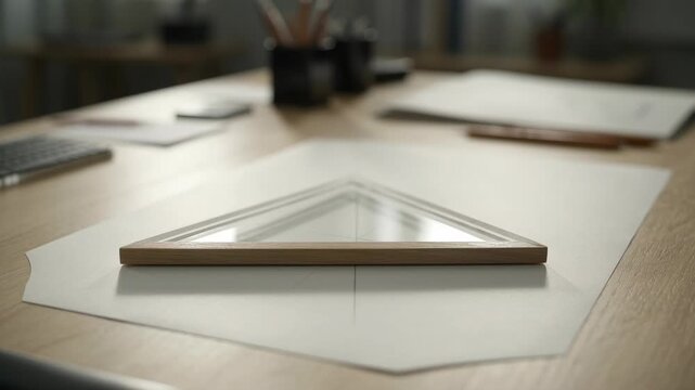 A clear plastic triangle ruler descending onto a technical drafting paper on an office desk