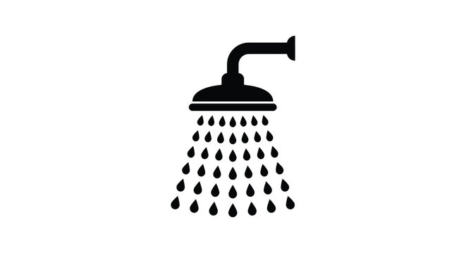 Shower head with falling water droplets a black silhouette against a white background