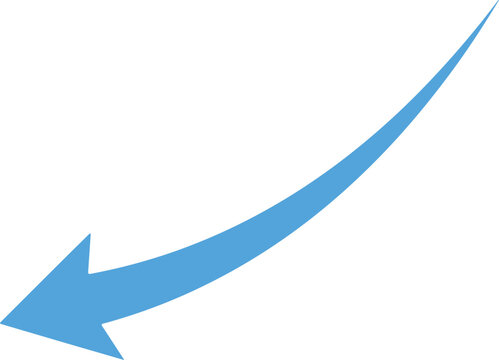 Cyan blue curved arrow pointing towards the bottom left, isolated on a white background, representing downward trends, decline, or navigational flow for digital interfaces.