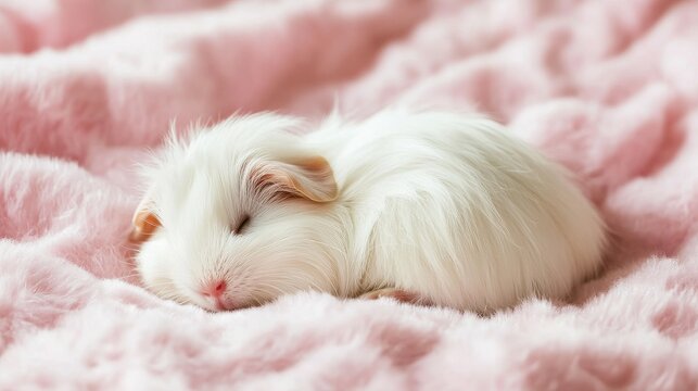 A sleeping guinea pig with long white fur on a pink blanket
