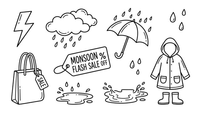 Monsoon Sale Vector Line Art Set &ndash; Rain, Umbrella, and Thunderstorm Shopping Icons