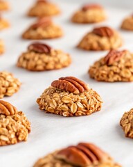 Fototapeta premium Close up shot of delicious oatmeal cookies with pecans on top