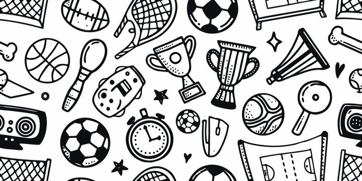 Sports Equipment Doodle Pattern On White Background