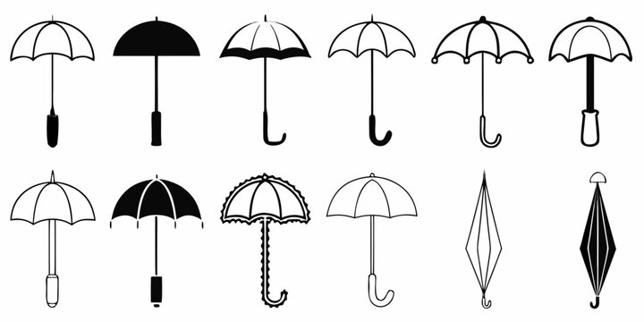 Variety Of Black And White Umbrella Illustrations On White Background