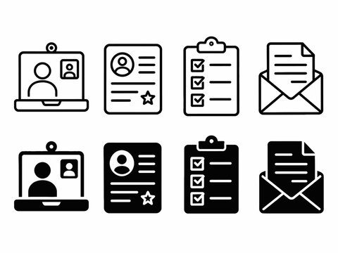 Digital and paperwork icons: profiles, checklists, and envelopes in black and white