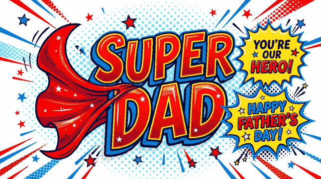 Super dad comic style typography banner with red cape and stars for father day celebration graphics