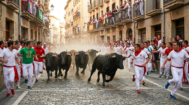 Toros recorriendo una calle hist&oacute;rica durante un encierro tradicional al amanecer.