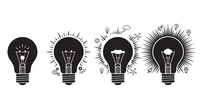 Set of four light bulb silhouettes showing different levels of illumination and glowing effect