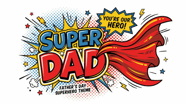Super dad comic book style typographic design featuring a red cape and heroic elements for father's day celebration graphics