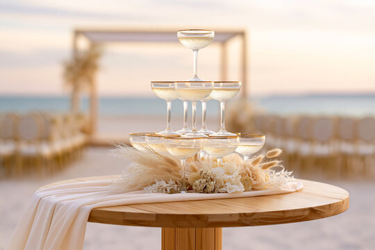 Luxury champagne tower arranged on a beachside reception table with soft floral styling and ocean views