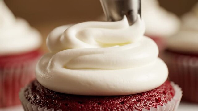 Baker Adding Frosting to Red Velvet Cupcake