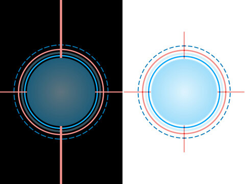 Futuristic HUD Target Circle with Red and Blue Tech Reticle Interface, Futuristic Blue Circular HUD Interface Technology Sci Fi User Interface Design, Circular Scope Crosshair Reticle with Radial Data