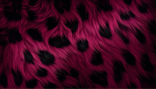 Burgundy and black leopard print faux fur texture background vector. Seamless realistic fluffy animal skin pattern, soft hairy shaggy fleece wallpaper. Perfect for luxury fashion textiles.