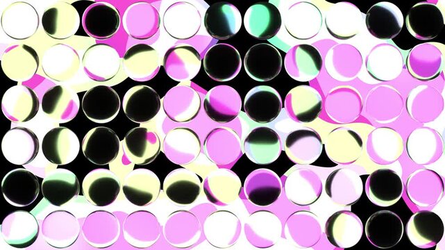 Looping animation of a modern abstract geometric background consisting of a dark grid of 3D transparent glass circles refracting moving vibrant pink and green liquid gradients
