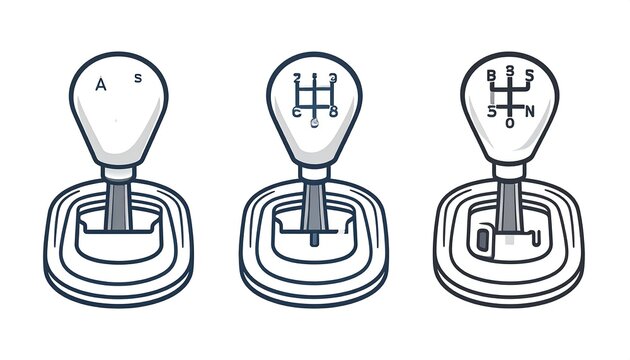 Three stylized depictions of automotive gear shifters showing automatic, five-speed manual, and six-speed manual configurations