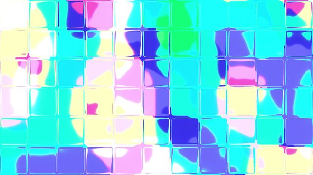 Seamless looping animation of a geometric abstract background featuring a grid of 3D transparent glass tiles refracting vibrant cyan, pink, and yellow shifting liquid shapes