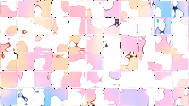 Bright abstract geometric background featuring a mosaic grid of 3D transparent glass tiles refracting soft pastel pink, white, and peach liquid shapes