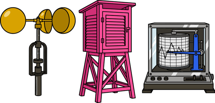Meteorological Weather Station Equipment Vector Set Featuring Golden Cup Anemometer Pink Stevenson Screen and Barograph Chart Recorder for Climate Science Studies