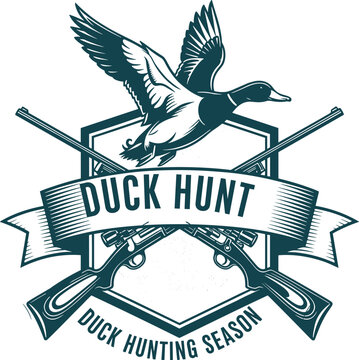 Duck hunting emblem badge featuring flying wild duck crossed shotguns and seasonal outdoor adventure theme