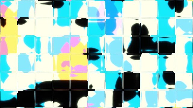 Seamlessly looping animation of a vibrant abstract background showing a thick dark grid of 3D glass squares refracting bright cyan, yellow, and pink moving fluid gradients