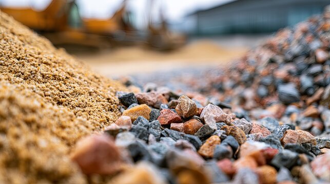 A pile of sand and gravel on a construction site with a blurred background of heavy machinery