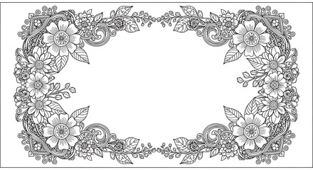 Obraz premium Black and white floral frame with flowers and leaves on white background for design transparent background