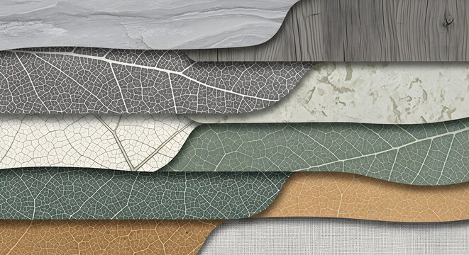 Abstract collage background featuring horizontal layers of organic textures including wood grain leaf veins cork and stone patterns