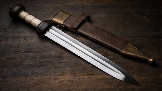 Roman short sword resting on a worn leather scabbard on dark wood.