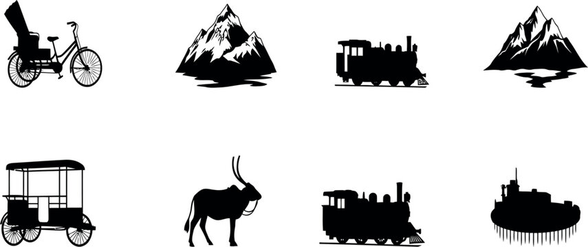 Black silhouette icons set featuring rickshaws mountains trains buffalo and travel destinations
