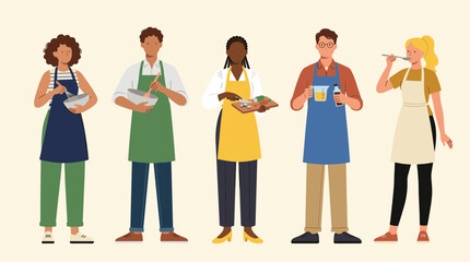 Fototapeta premium Diverse group of people cooking together in a kitchen wearing aprons, preparing food and smiling