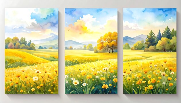 Three vertical panels showcase a vibrant watercolor landscape of a sunny meadow filled with wildflowers under a blue sky