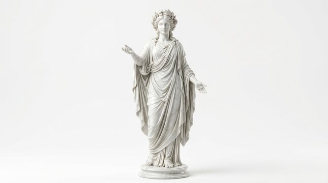 Classical White Marble Statue of a Greek Goddess Isolated on White Background, Elegant Neoclassical Sculpture with Flowing Drapery and Floral Crown