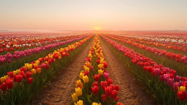 Vibrant Tulip Fields at Sunrise with Colorful Blooms
